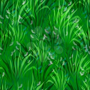 Seamless Pattern, Landscape, Summer or Spring Meadow, White and Blue Flowers and Green Grass, Tile Natural Floral Background. Vector