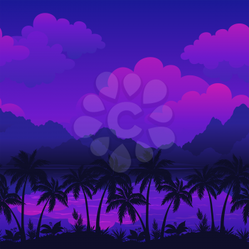 Exotic Horizontal Seamless Landscape, Sea, Palm Trees Silhouettes, Mountains and Cloudy Sky. Eps10, Contains Transparencies. Vector