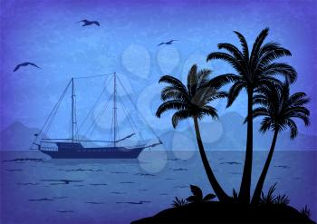 Tropical Landscape, View From the Shore with Fencing, Palm Tree and Plants, Ships and a Lighthouse in the Sea and Seagulls in the Sky with Sun and Clouds. Eps10, Contains Transparencies. Vector