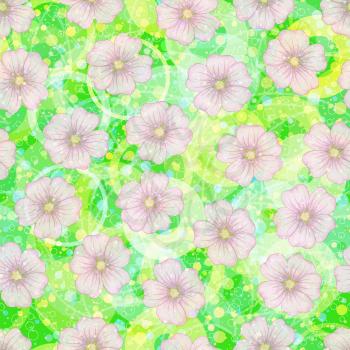Seamless Floral Pattern, Mallow Flowers on Abstract Tile Background with Circles and Rings. Vector
