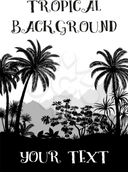 Exotic Landscape, Tropical Palms Trees, Plants, Flowers and Mountains Black and Grey Silhouettes. Vector