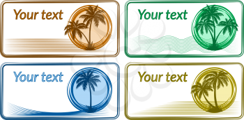 Business Card or Labels with Tropical Landscape, Palms Trees and Grass Colorful Silhouettes on White Background with Rings, Waves and Lines. Vector