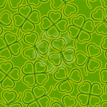 Seamless Floral Saint Patrick Holiday Pattern, Symbolic Clover Plants, Three-Leaved and Four-Leaved, Green and Yellow Contours on Tile Background. Vector