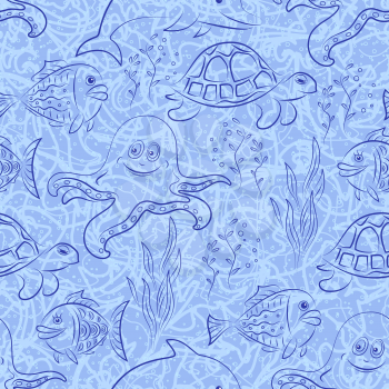 Seamless Pattern, Cartoon Sea Creatures, Dolphin, Fish, Turtle, Octopus and Algae Contours on Blue Tile Background. Vector