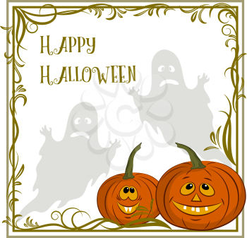Background for Holiday Halloween Design, Cartoon Ghosts Silhouettes and Pumpkin Jack O Lantern in a Frame with a Floral Pattern. Vector
