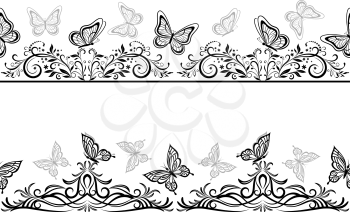 Horizontal Seamless Patterns with Butterflies Black and Grey Contours on Tile White Background. Vector