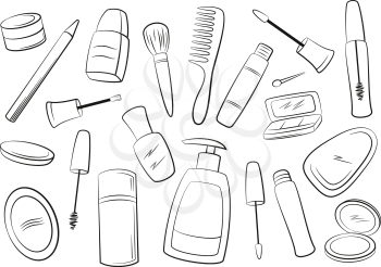 Set of Cosmetic Accessories, Soap, Comb, Brushes, Mascara, Eyeshadow and Others Black Contours Isolated on White Background. Vector