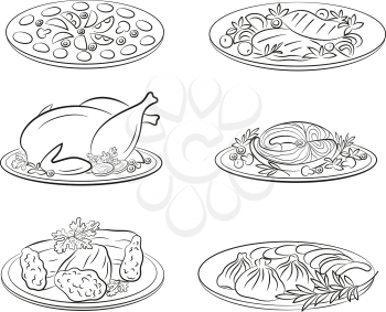 Set of Food Pictograms, Pizza, Steak, Baked Chicken, Fish and More. Black Contours Isolated on White Background. Vector