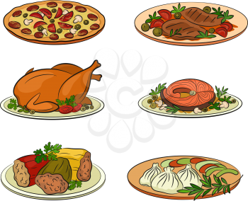 Set of Food Pictograms, Pizza, Steak, Baked Chicken, Fish and More Isolated on White Background. Vector