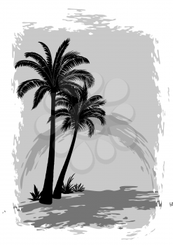 Exotic Landscape, Tropical Palms Trees Black Silhouettes on Grey Background. Vector