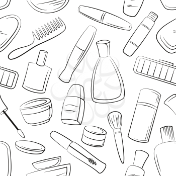 Seamless Pattern Cosmetic Accessories, Toiletry, Perfume, Lipstick, Shampoo and Others Black Contours Isolated on White Background. Vector