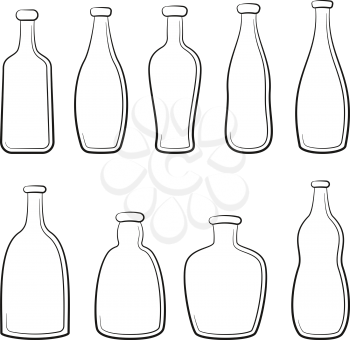 Set of Vintage Bottles, Black Contours Isolated on White Background. Vector