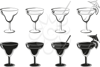 Glasses Set, Empty, with Drink, Kiwifruit and Straw Black Contours and Silhouettes Symbolical Pictogram Isolated on White Background. Vector