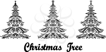 Set Christmas Holiday Fir Trees with Stars, Black Contours Isolated On White Background. Vector