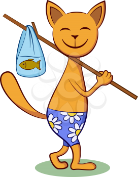 Funny Cartoon Cat with Fish, Isolated on White Background. Vector