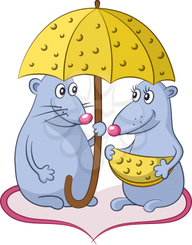Cartoon Animals, Mice with Tails in the Shape of a Heart Under the Umbrella of the Cheese, Isolated on White Background. Vector