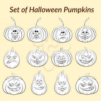 Holiday Halloween Symbols, Cartoons Pumpkins Jack O Lantern Set, Black Contours. Vector