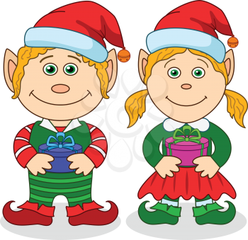 Cartoon Christmas Elves, Boy and Girl with Holiday Gift Boxes. Vector