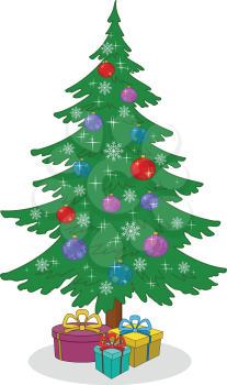 Holiday cartoon, Christmas tree with decoration and gift boxes. Vector