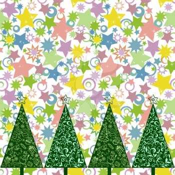 Seamless Horizontal Background for Holiday Design, Christmas Fir Trees with Colorful Stars, Outline Floral Pattern, Cartoon Character and Objects. Vector