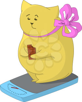Cartoon fat animal weigh yourself on the scale and eat chocolate, feel the pain of their excess weight. Vector