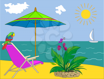 Resort beach: coast with a chaise lounge, umbrella, parrot, flower and yacht. Vector