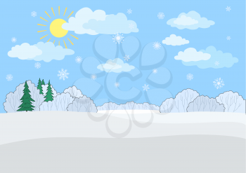 Christmas winter landscape: a blue sky with the sun and snowflakes, snow-covered forest. Vector illustration