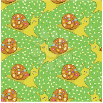 Seamless background, cartoon snail and floral pattern. Vector