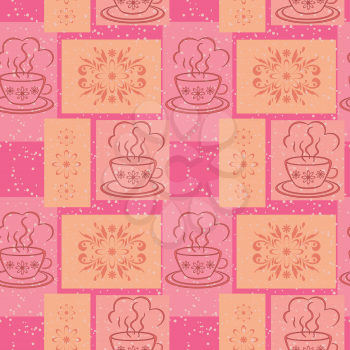 Seamless background, cups with a hot drink and rectangles with floral pattern. Vector
