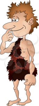 Shaggy cartoon prehistoric cave-boy in animal skin with interest looking somewhere. Vector
