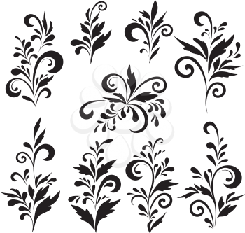 Set abstract floral patterns, black contour on white background. Vector