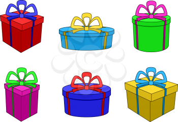 Set multi coloured gift boxes different forms with bows. Vector