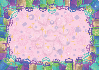 Holiday background, pattern with flowers and stars and frame of gift boxes. Vector