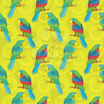 Seamless pattern, cartoon colorful parrots on abstract background. Vector