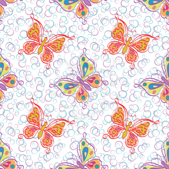 Seamless pattern, outline colorful butterflies on abstract background. Vector