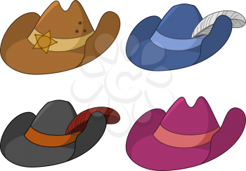 Set of ancient hats: the sheriff, the musketeer, the robber and the gentleman. Vector