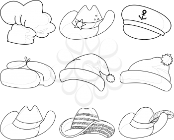 Set Various Hats Santa Claus, Cook, Sheriff, Musketeer, Captain and Others Contours. Vector