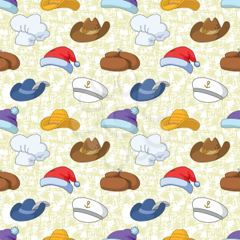 Seamless pattern of different heads designs on abstract background, Santa Claus, sheriff, musketeer, captain, cook and others. Vector