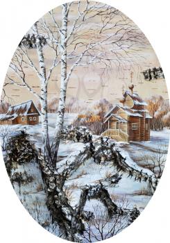 Drawing distemper on a birch bark, landscape: russian wooden temple and small house in wood
