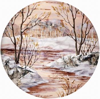 Handmade, drawing distemper on a birch bark: winter siberian landscape