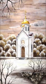 Picture, chapel of sacred Nikolay, Russia, Novosibirsk. Drawing distemper on a birch bark