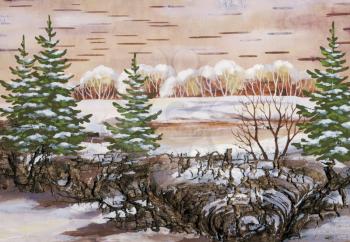 Picture, wood lake, drawing distemper on a birch bark