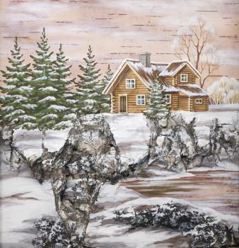 Drawing distemper on a birch bark: the house on a wood glade