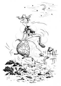 Comic drawing: cowboy tames a pig, monochrome contours