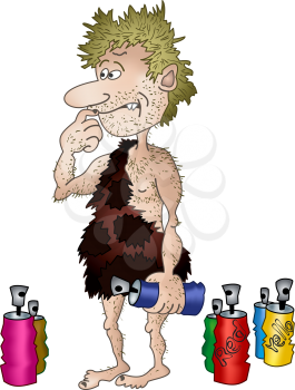Prehistoric artist in animal skin with aerosol can in a hand. Vector illustration