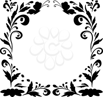 Abstract floral background with flowers and butterflies, black silhouettes on white background. Vector illustration