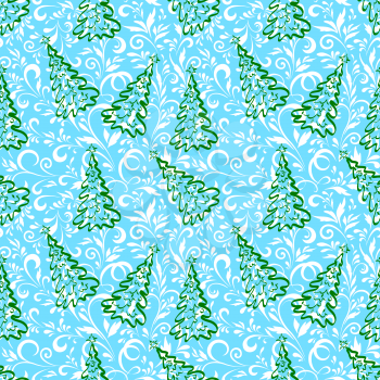 Seamless Background for Holiday Design, Green Outline Christmas Trees with Stars and Blue And White Floral Pattern. Vector