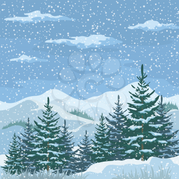 Christmas Winter Mountain Landscape with Firs Trees, Sky with Snow and Clouds. Eps10, Contains Transparencies. Vector