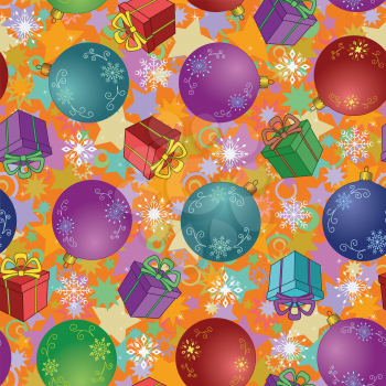 Seamless Christmas holiday background: balls, gift boxes, snowflakes and stars. Vector