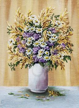 A bouquet of camomiles in a white glass, picture oil paints on a canvas